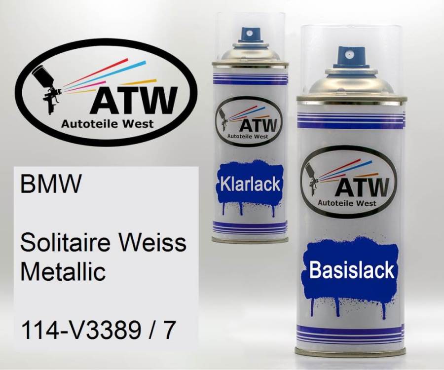 BMW, Solitaire Weiss Metallic, 114-V3389 / 7: 400ml Sprühdose + 400ml Klarlack - Set, von ATW Autoteile West.